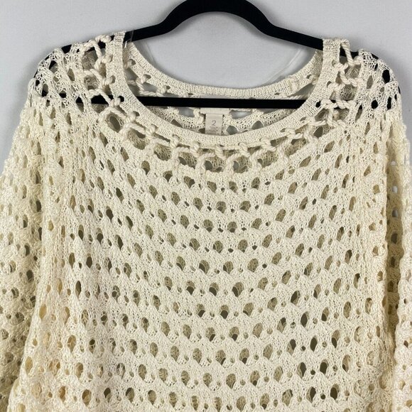 Chicos Crochet Pullover Sweater Size 2 US Large Cream Open Knit 3/4 Sleeves - Picture 2 of 11